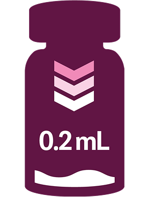 Ícone do frasco de vacina a mostrar setas para baixo e 0,2 ml