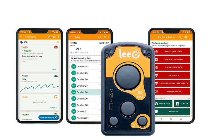 Dispositivo LeeO e três smartphones a exibir diferentes visualizações da aplicação