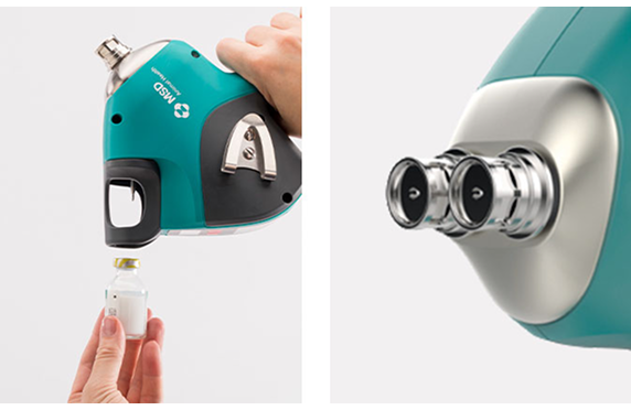 Duas imagens, mãos a colocar uma vacina num dispositivo IDAL e parte frontal do dispositivo IDAL Twin com 2 ponteiras